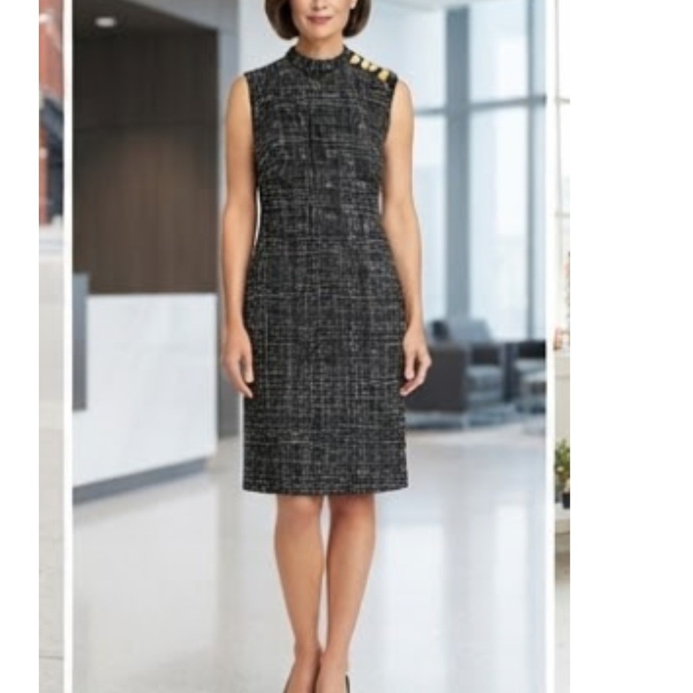 Donna Karan New York Tweed Shift Dress Gold Button Mock Neck Black White Size 10